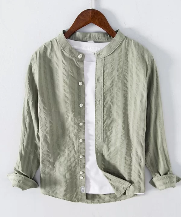 Mens Retro Striped Cotton Long Sleeve Stand Collar Casual Shirt