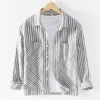 Mens Italian Beige Striped Long Sleeve Shirt Cotton Linen Breathable
