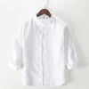 Mens Linen Three Quarter Sleeve White Casual Shirt Breathable Comfortable