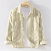 Mens Italian Beige Striped Long Sleeve Shirt Cotton Linen Breathable