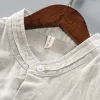 Mens Linen White Casual Stand Collar Three Quarter Sleeve Shirt