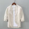 Mens Linen White Casual Stand Collar Three Quarter Sleeve Shirt