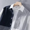 Mens Cotton Patchwork Casual Long Sleeve Shirt Office