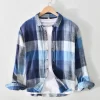 Mens Italian Style Plaid Long Sleeve Casual Cotton Linen Shirt