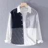 Mens Cotton Patchwork Casual Long Sleeve Shirt Office