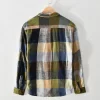 Mens Italian Style Plaid Long Sleeve Casual Cotton Linen Shirt