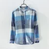 Mens Retro Plaid Long Sleeve Linen Cotton Casual Shirt Stand Collar Single Breasted
