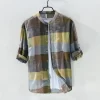Mens Retro Plaid Long Sleeve Linen Cotton Casual Shirt Stand Collar Single Breasted