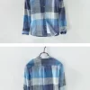 Mens Retro Plaid Long Sleeve Linen Cotton Casual Shirt Stand Collar Single Breasted