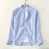 Mens Striped Stand Collar Long Sleeve Cotton Linen Casual Shirt