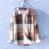 Mens Italian Style Plaid Long Sleeve Casual Cotton Linen Shirt