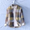 Mens Italian Style Plaid Long Sleeve Casual Cotton Linen Shirt