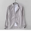 Mens Striped Stand Collar Long Sleeve Cotton Linen Casual Shirt