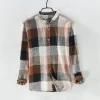 Mens Retro Plaid Long Sleeve Linen Cotton Casual Shirt Stand Collar Single Breasted