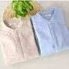 Mens Striped Stand Collar Long Sleeve Cotton Linen Casual Shirt