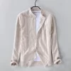 Mens Striped Stand Collar Long Sleeve Cotton Linen Casual Shirt