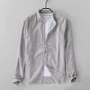 Mens Striped Stand Collar Long Sleeve Cotton Linen Casual Shirt