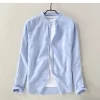 Mens Striped Stand Collar Long Sleeve Cotton Linen Casual Shirt