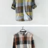 Mens Retro Plaid Long Sleeve Linen Cotton Casual Shirt Stand Collar Single Breasted