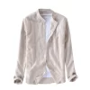 Mens Striped Stand Collar Long Sleeve Cotton Linen Casual Shirt