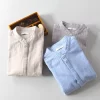 Mens Striped Stand Collar Long Sleeve Cotton Linen Casual Shirt