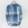 Mens Retro Plaid Long Sleeve Linen Cotton Casual Shirt Stand Collar Single Breasted