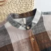 Mens Retro Plaid Long Sleeve Linen Cotton Casual Shirt Stand Collar Single Breasted