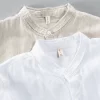 Mens Linen White Casual Stand Collar Three Quarter Sleeve Shirt