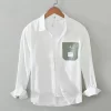 Mens Cotton Long Sleeve Casual Shirt White Trendy Turn-Down Collar