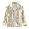 Mens Italian Beige Striped Long Sleeve Shirt Cotton Linen Breathable