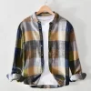 Mens Italian Style Plaid Long Sleeve Casual Cotton Linen Shirt