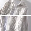 Mens Italian Beige Striped Long Sleeve Shirt Cotton Linen Breathable
