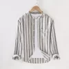 Mens Casual Striped Linen Cotton Long Sleeve Stand Collar Single Breasted Shirt