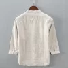 Mens Linen White Casual Stand Collar Three Quarter Sleeve Shirt