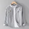 Mens Embroidered Linen Cotton Casual Long Sleeve Gray Shirt, Office Four Seasons