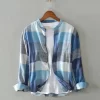 Mens Retro Plaid Long Sleeve Linen Cotton Casual Shirt Stand Collar Single Breasted