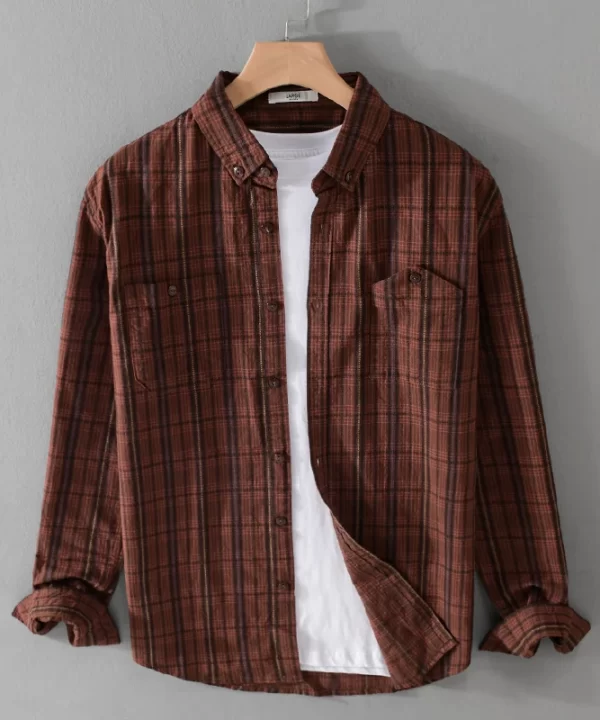 Mens Cotton Plaid Long Sleeve Casual Shirt Turn-Down Collar Four Seasons