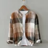 Mens Retro Plaid Long Sleeve Linen Cotton Casual Shirt Stand Collar Single Breasted