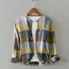 Mens Retro Plaid Long Sleeve Linen Cotton Casual Shirt Stand Collar Single Breasted