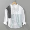 Mens Linen Loose Patchwork Long Sleeve Casual Shirt Spring Autumn